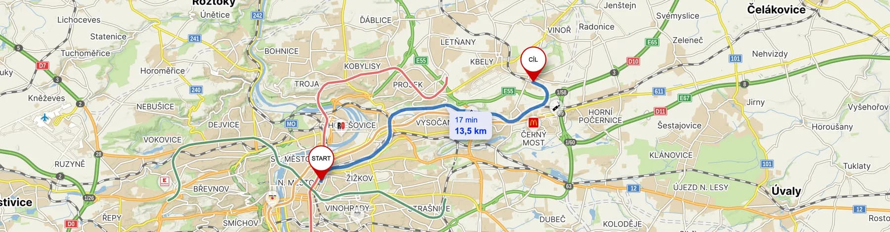 Mapa — trasa do školy v Praze-Satalicích